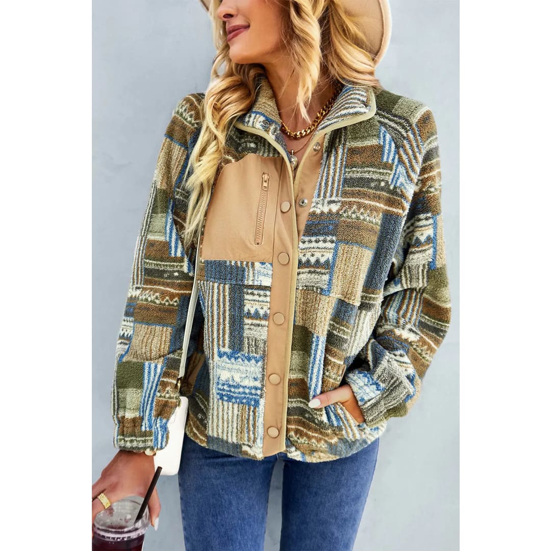 Khaki Western Colorblock Snap Buttoned Sherpa Jacket | Fashionfitz