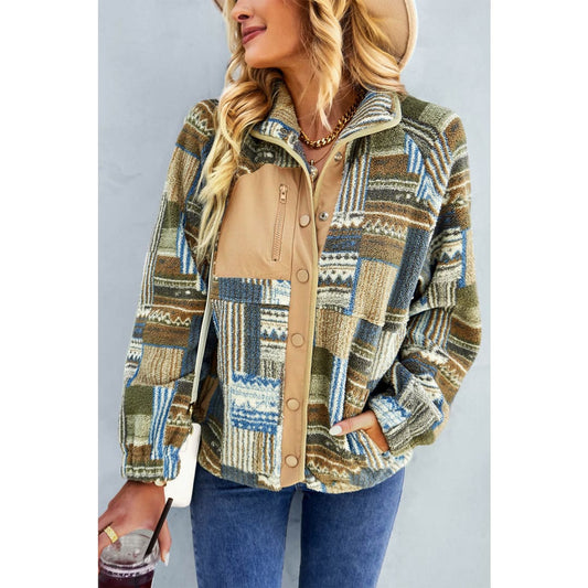 Khaki Western Colorblock Snap Buttoned Sherpa Jacket | DropshipClothes