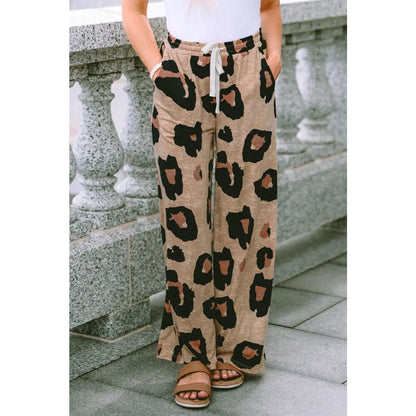 Leopard Drawstring Wide Leg Casual Pants | Fashionfitz