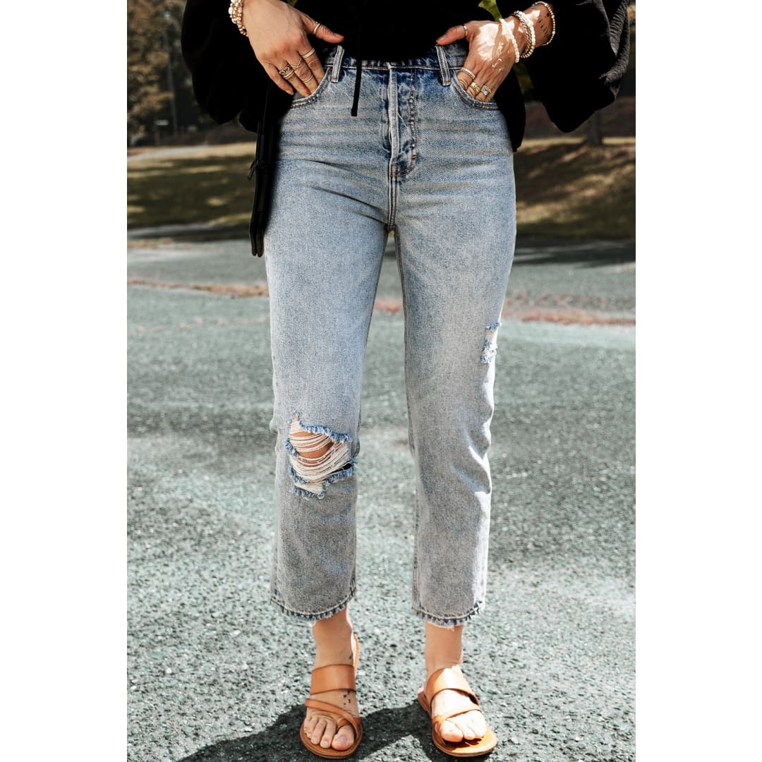 Light Blue Acid Wash Distressed Straight Leg Cropped Jeans | Fashionfitz