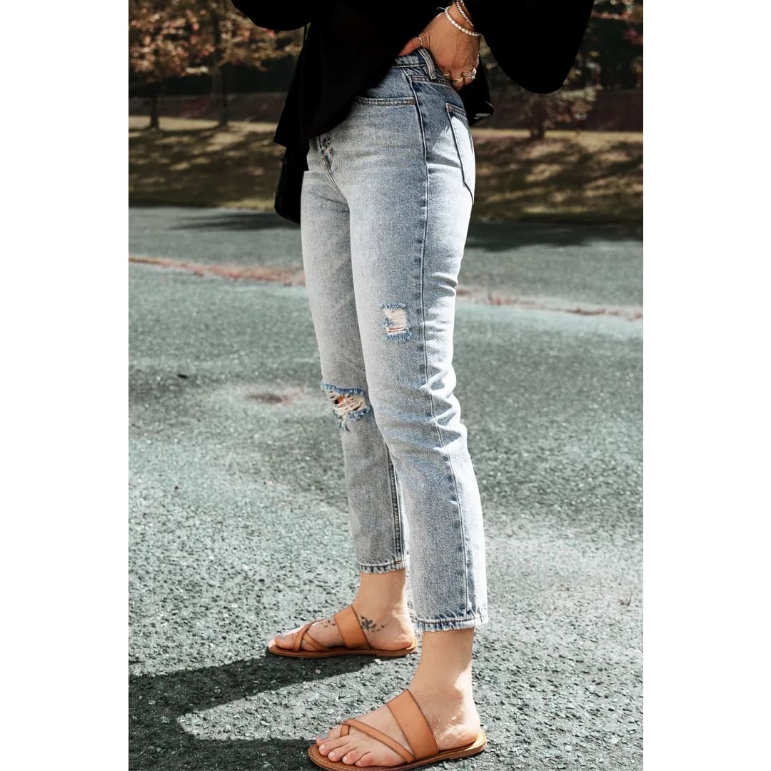 Light Blue Acid Wash Distressed Straight Leg Cropped Jeans | Fashionfitz