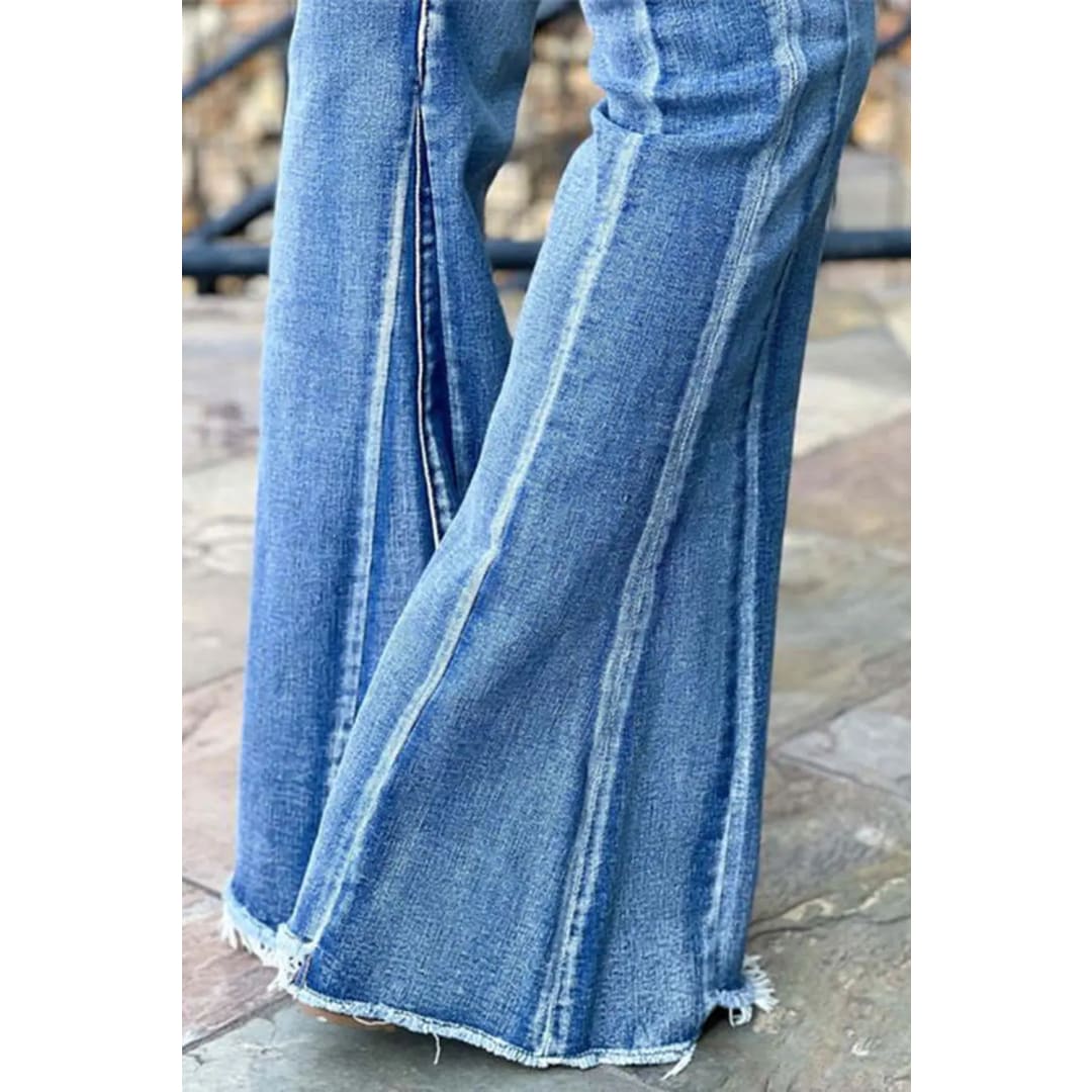 Light Blue Acid Wash Raw Hem Flared Jeans | Fashionfitz
