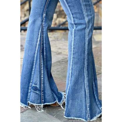 Light Blue Acid Wash Raw Hem Flared Jeans | Fashionfitz