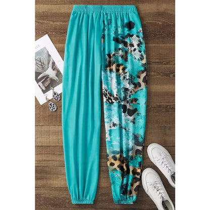 Light Blue Contrast Leopard Tie-dye Print Jogger Pants | Fashionfitz