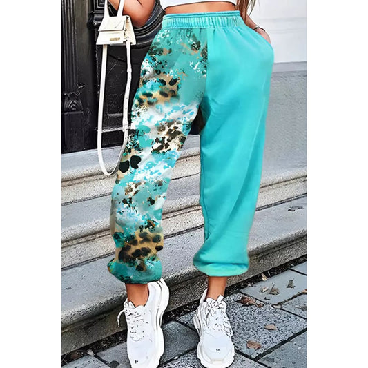 Light Blue Contrast Leopard Tie-dye Print Jogger Pants | Fashionfitz