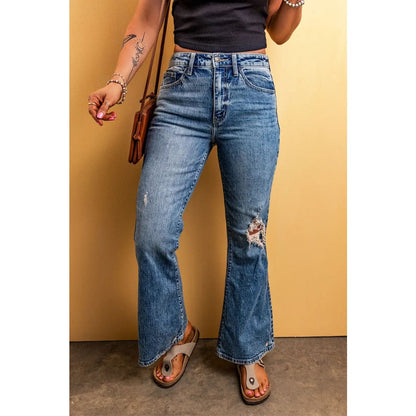 Light Blue Distressed Flare Leg Jeans | Fashionfitz