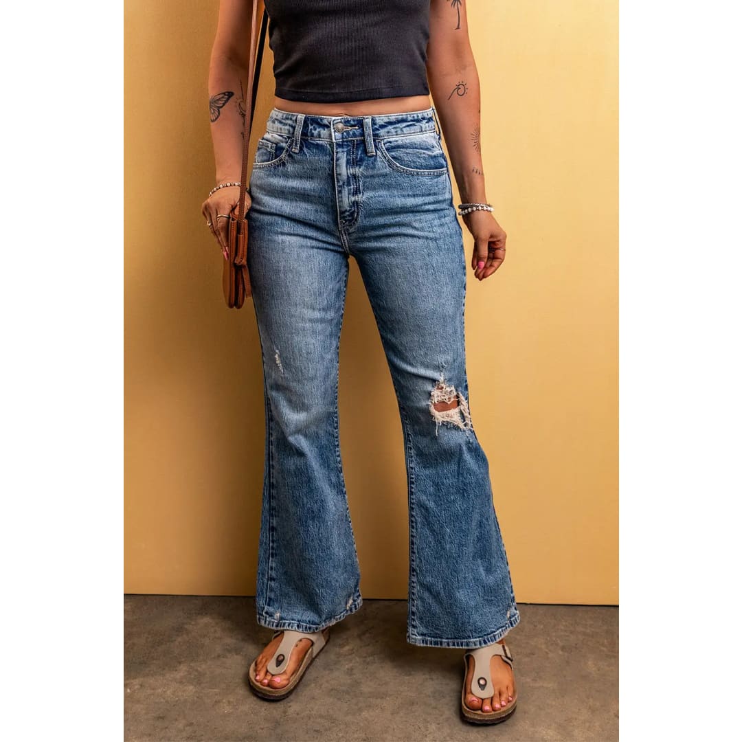 Light Blue Distressed Flare Leg Jeans | Fashionfitz