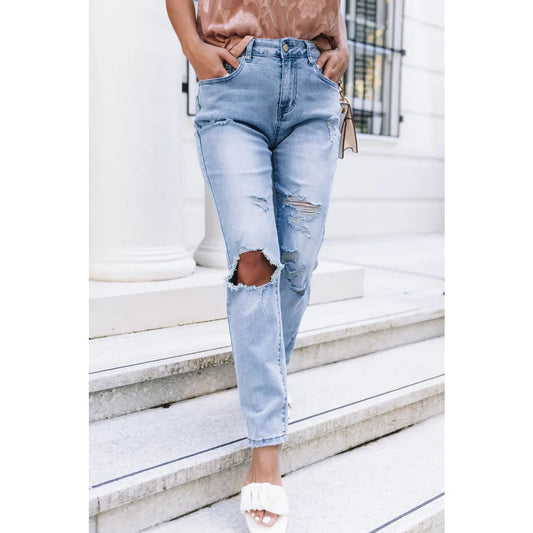 Light Blue Distressed Holes Straight Jeans | Fashionfitz