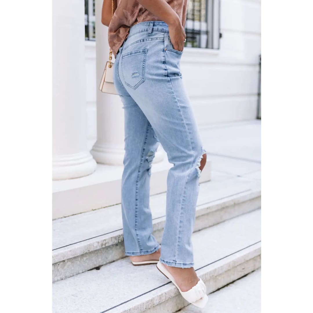 Light Blue Distressed Holes Straight Jeans | Fashionfitz