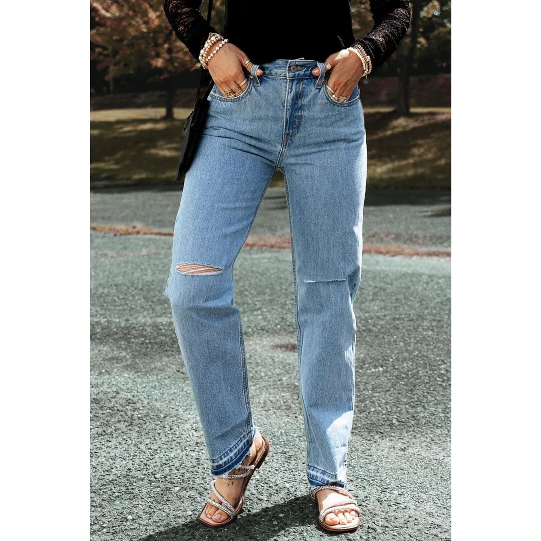 Light Blue Distressed Slit Leg Raw Edge Straight Jeans | Fashionfitz