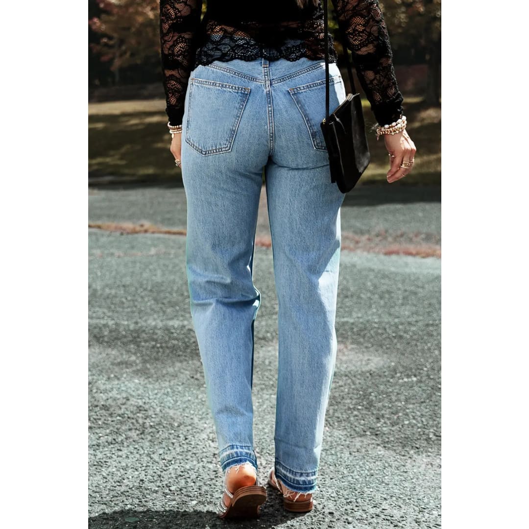 Light Blue Distressed Slit Leg Raw Edge Straight Jeans | Fashionfitz