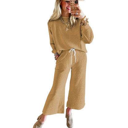 Light French Beige Textured Long Sleeve Top Drawstring Pants Set | Fashionfitz