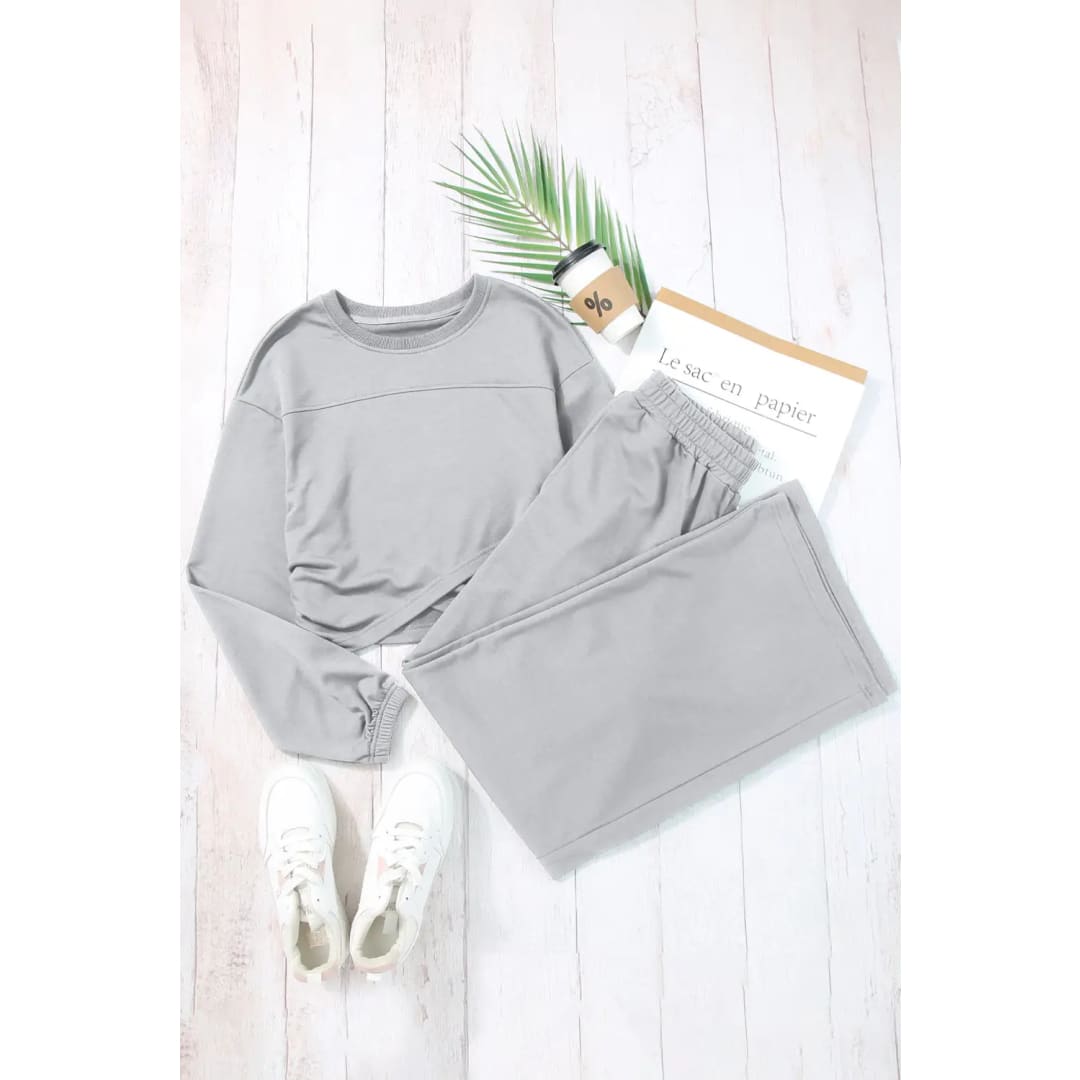 Light Grey Solid Criss Cross Crop Top and Pants Active Set | Fashionfitz