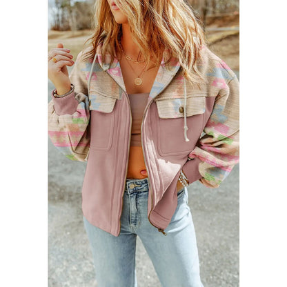 Light Pink Aztec Patch Drawstring Hooded Zip Up Jacket | Fashionfitz