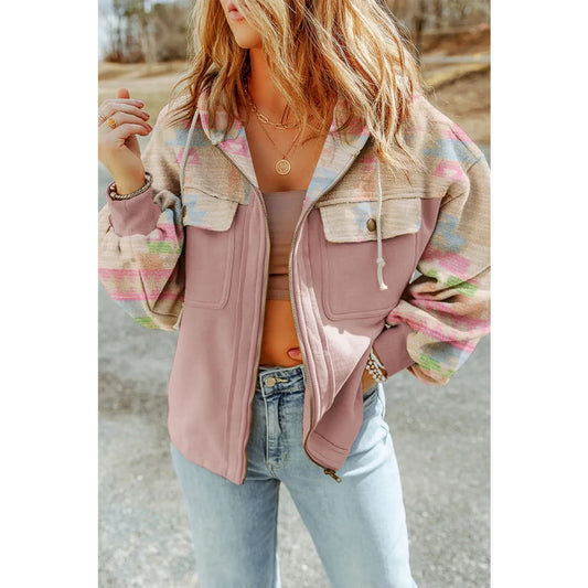 Light Pink Aztec Patch Drawstring Hooded Zip Up Jacket | Fashionfitz
