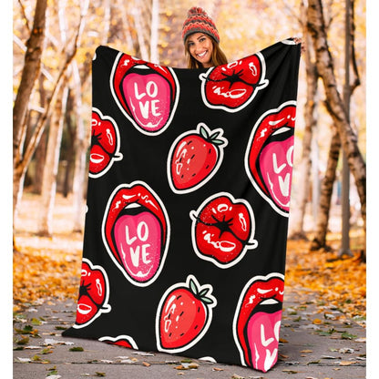 Red Lips Strawberry Kiss Love Seamless Pattern Premium Blanket | The Urban Clothing Shop™