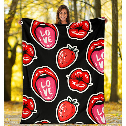 Red Lips Strawberry Kiss Love Seamless Pattern Premium Blanket | The Urban Clothing Shop™