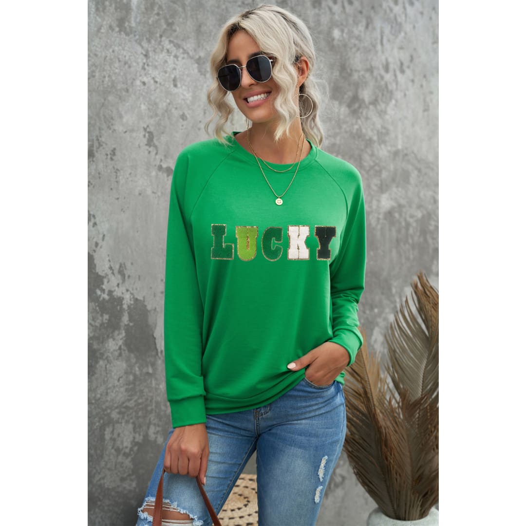 LUCKY Chenille Embroidered Graphic Sweatshirt | Threaded Pear