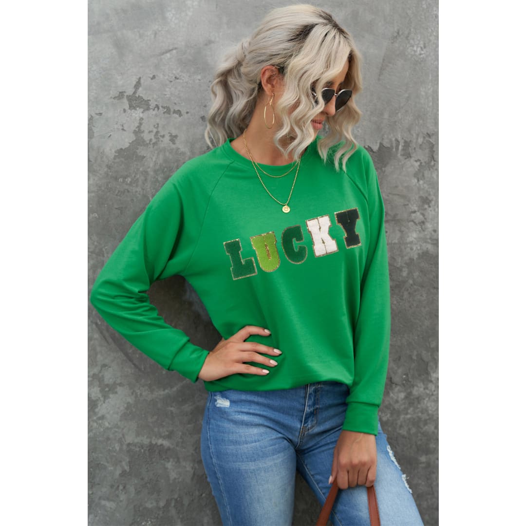 LUCKY Chenille Embroidered Graphic Sweatshirt | Threaded Pear