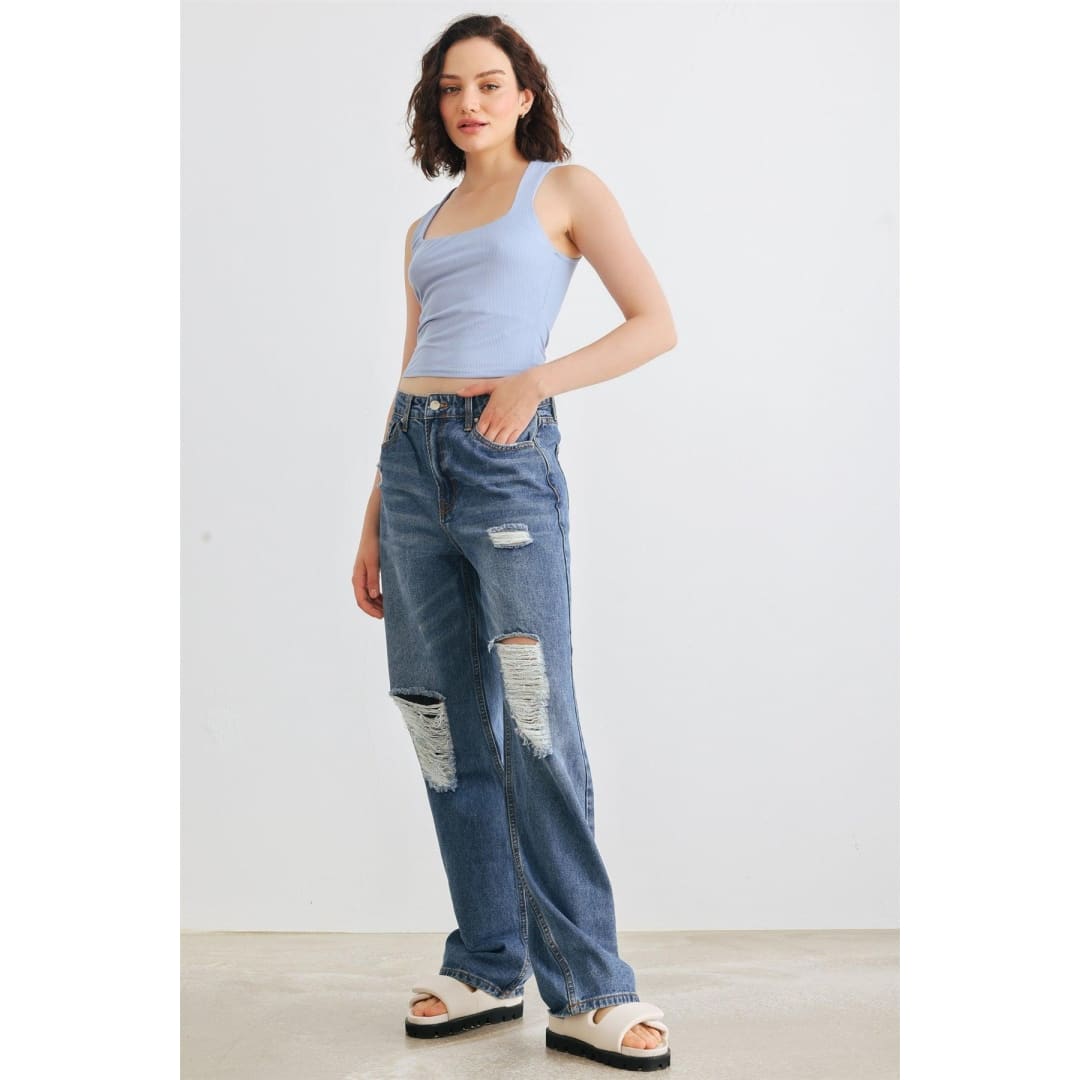 Medium Blue Denim Five Pocket Distressed High Waist Jeans | Hammer Collection