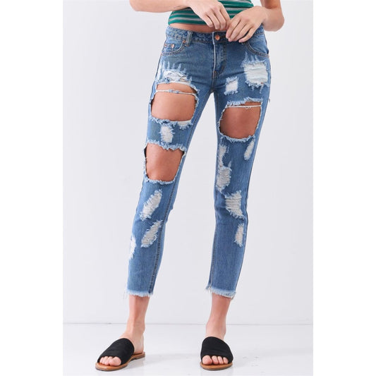 Medium Blue Ripped Destroyed Low-Mid Rise Denim Jeans | Signature 8