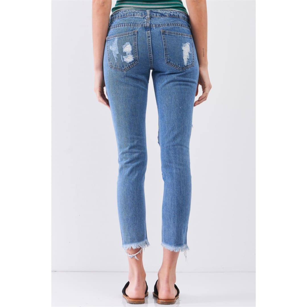 Medium Blue Ripped Destroyed Low-Mid Rise Denim Jeans | Signature 8