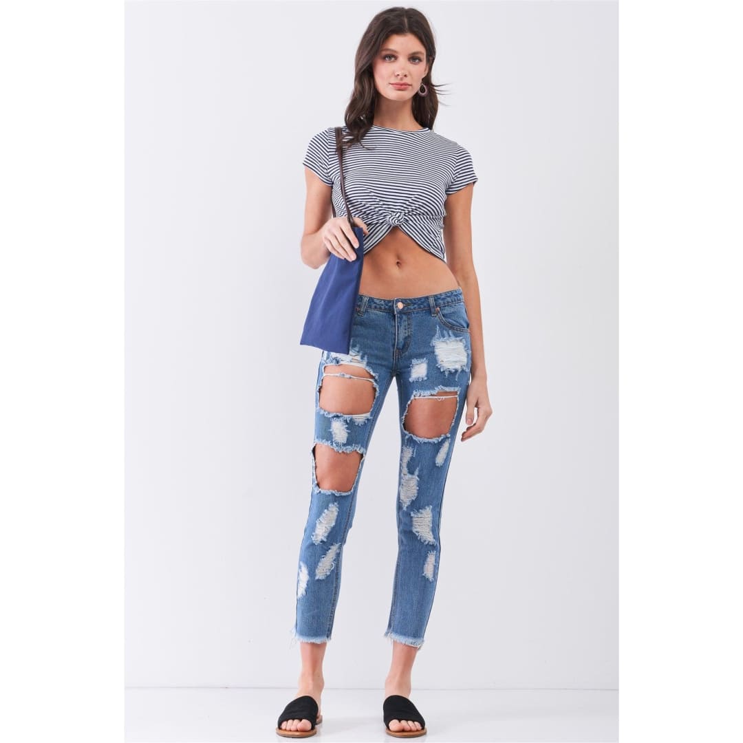 Medium Blue Ripped Destroyed Low-Mid Rise Denim Jeans | Signature 8