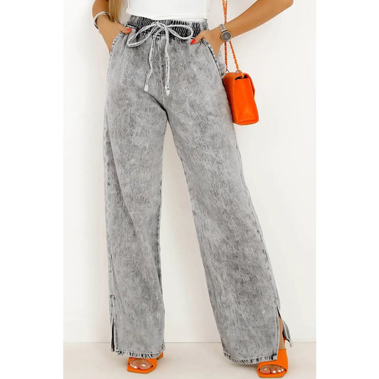 Medium Grey Drawstring Elastic Waist Wide Leg Jeans | Fashionfitz