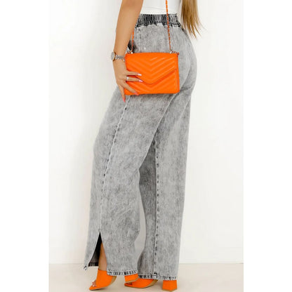 Medium Grey Drawstring Elastic Waist Wide Leg Jeans | Fashionfitz