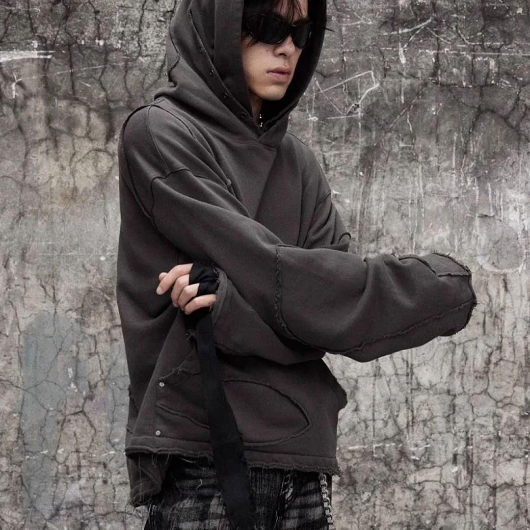 Men Hoodies Jacket Washed Double Hat Deconstructed Loose Hooded Sweatshirt Coat Profile