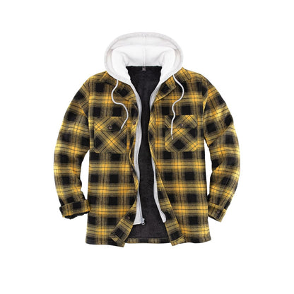 Men’s Fuzzy Sherpa Lined Zip Up Plaid Flannel Shirt Jacket with Hood | FlannelGo