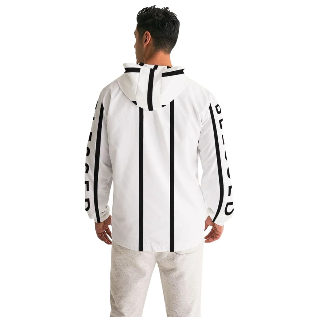 Mens Hooded Windbreaker - Blessed Sleeve Stripe White Water Resistant Jacket - J7tm0x