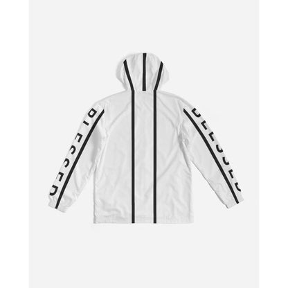 Mens Hooded Windbreaker - Blessed Sleeve Stripe White Water Resistant Jacket - J7tm0x