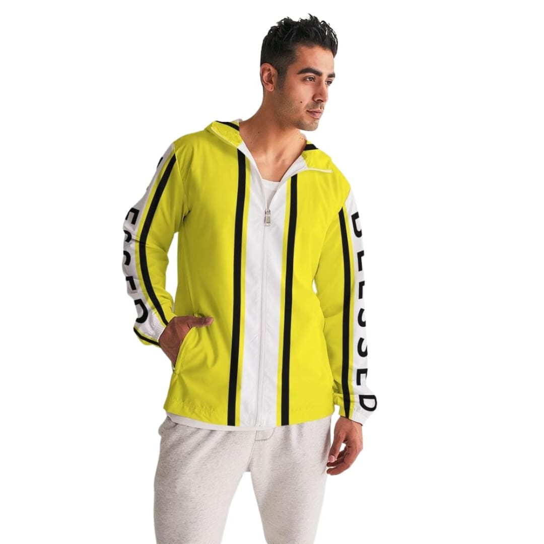 Mens Hooded Windbreaker - Blessed Sleeve Stripe Yellow Water Resistant Jacket - J7ta0x