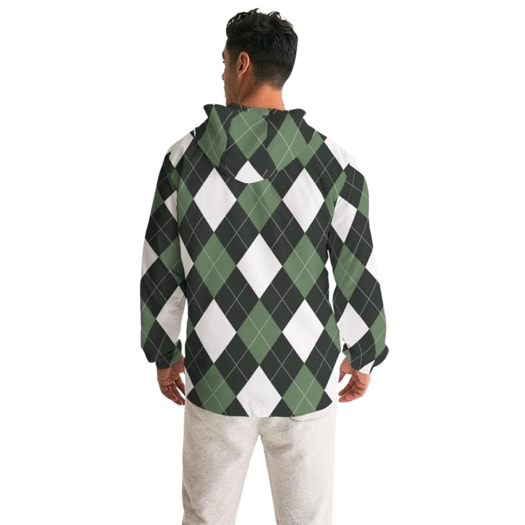 Mens Hooded Windbreaker Green And White Plaid Tartan Pattern - Jjr60x | IKIN | inQue.Style