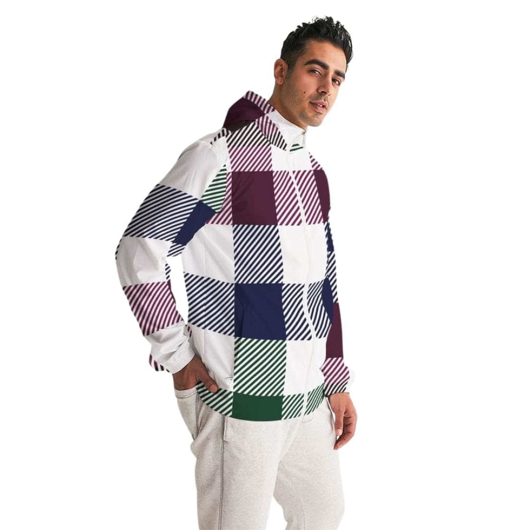 Mens Hooded Windbreaker Multicolor Water Resistant Colorblock Plaid Jacket | IKIN