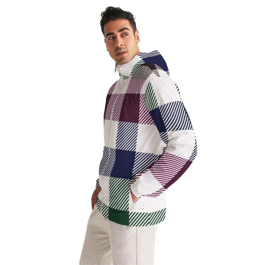 Mens Hooded Windbreaker Multicolor Water Resistant Colorblock Plaid Jacket | IKIN
