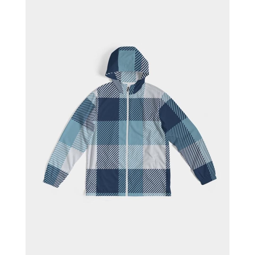 Mens Hooded Windbreaker - Tartan Plaid Blue Water Resistant Jacket | IKIN | inQue.Style