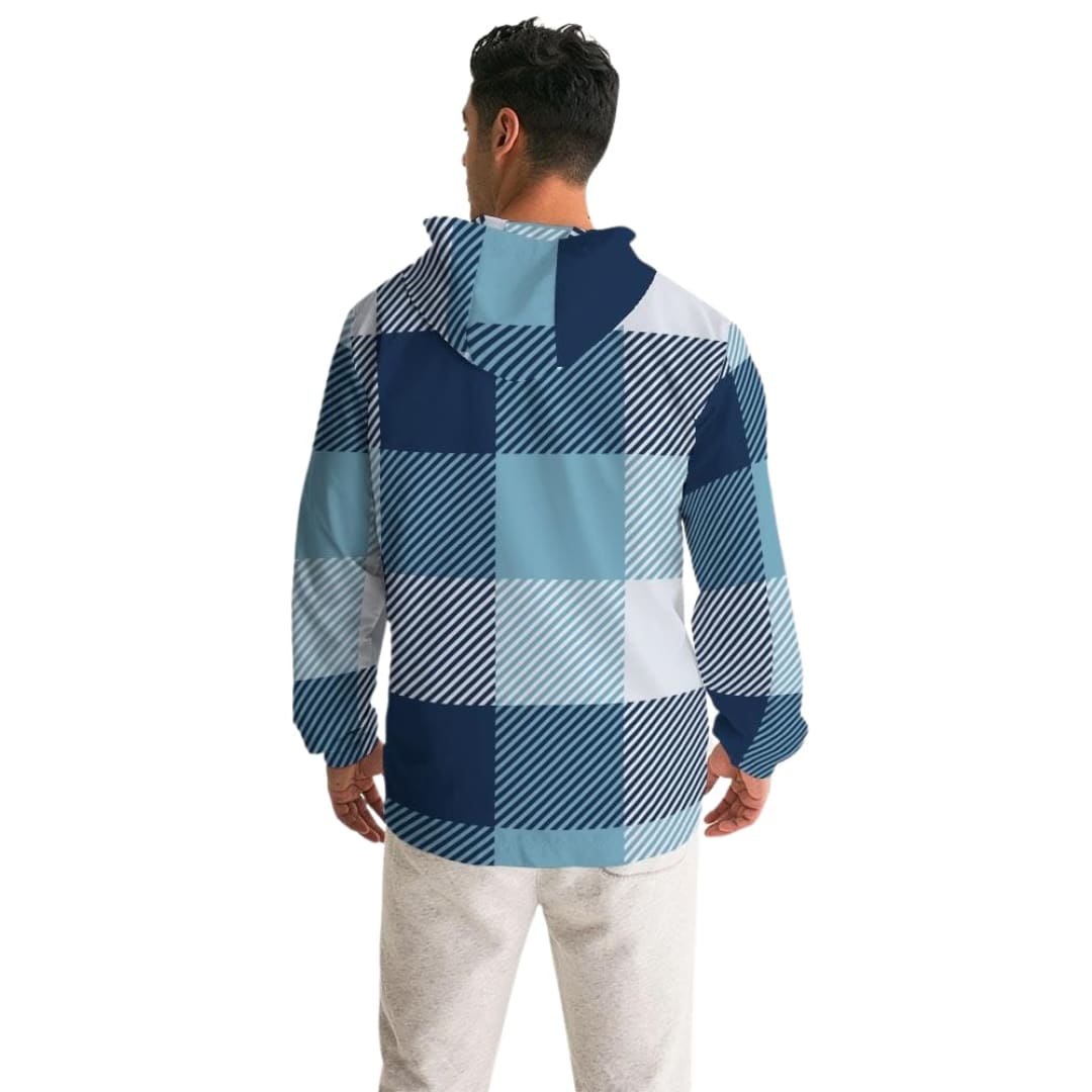 Mens Hooded Windbreaker - Tartan Plaid Blue Water Resistant Jacket | IKIN | inQue.Style