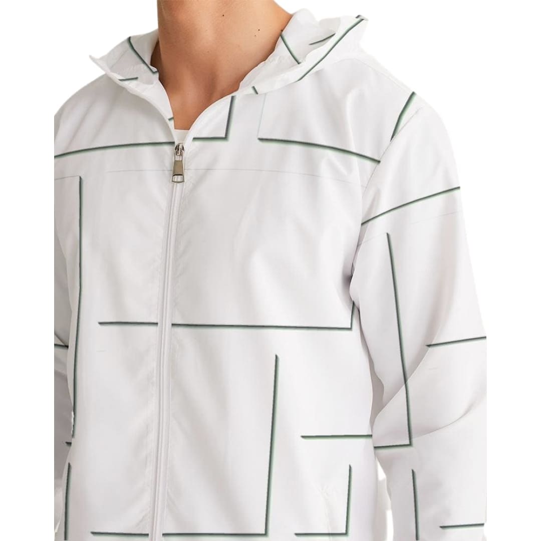 Mens Hooded Windbreaker - White Grid Pattern Water Resistant Jacket | IKIN | inQue.Style
