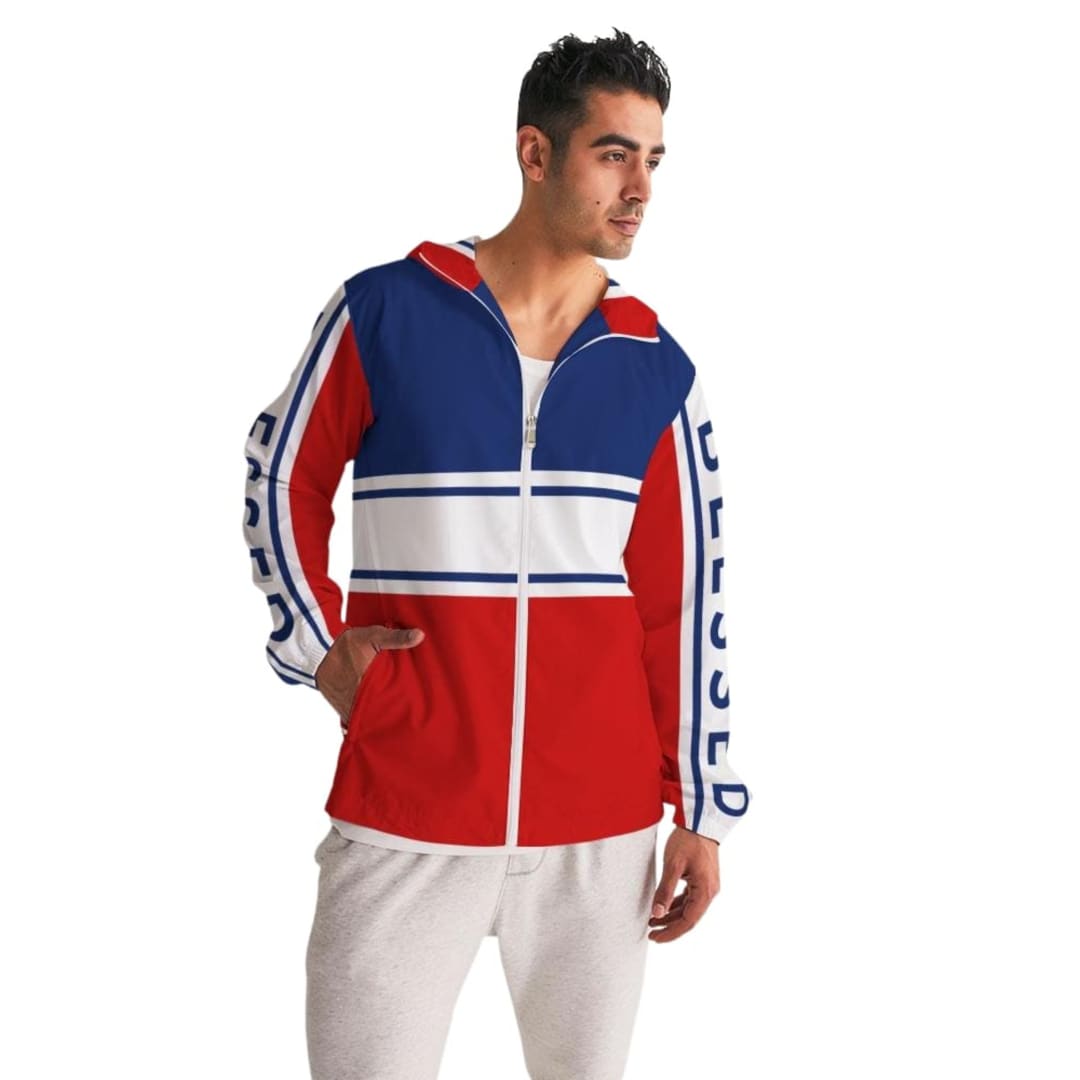 Mens Lightweight Windbreaker Jacket With Hood And Zipper Closure Blessed Illustration