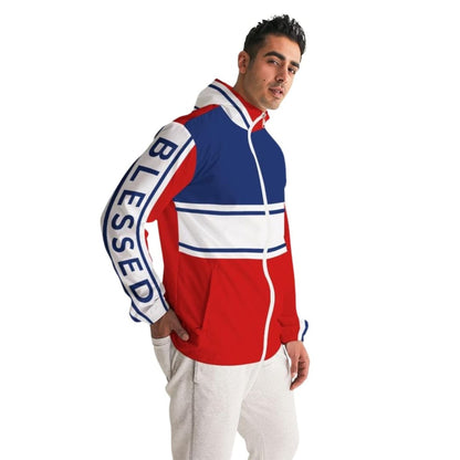 Mens Lightweight Windbreaker Jacket With Hood And Zipper Closure Blessed Illustration
