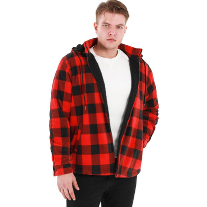 Men’s Sherpa Lined Fleece Plaid Shirt Jacket with Removable Hood | FlannelGo