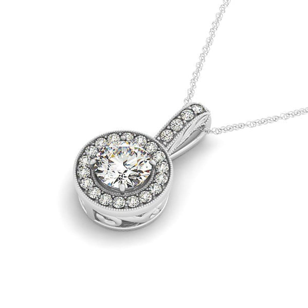 Milgrain Edge Diamond Halo Pendant in 14k White Gold (5/8 cttw) | Richard Cannon Jewelry