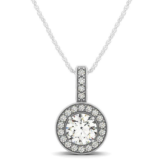 Milgrain Edge Diamond Halo Pendant in 14k White Gold (5/8 cttw) | Richard Cannon Jewelry