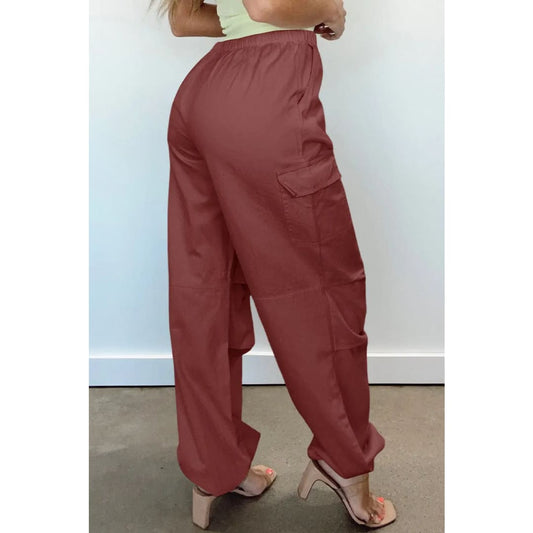 Mineral Red Solid Color Drawstring Waist Wide Leg Cargo Pants | Fashionfitz