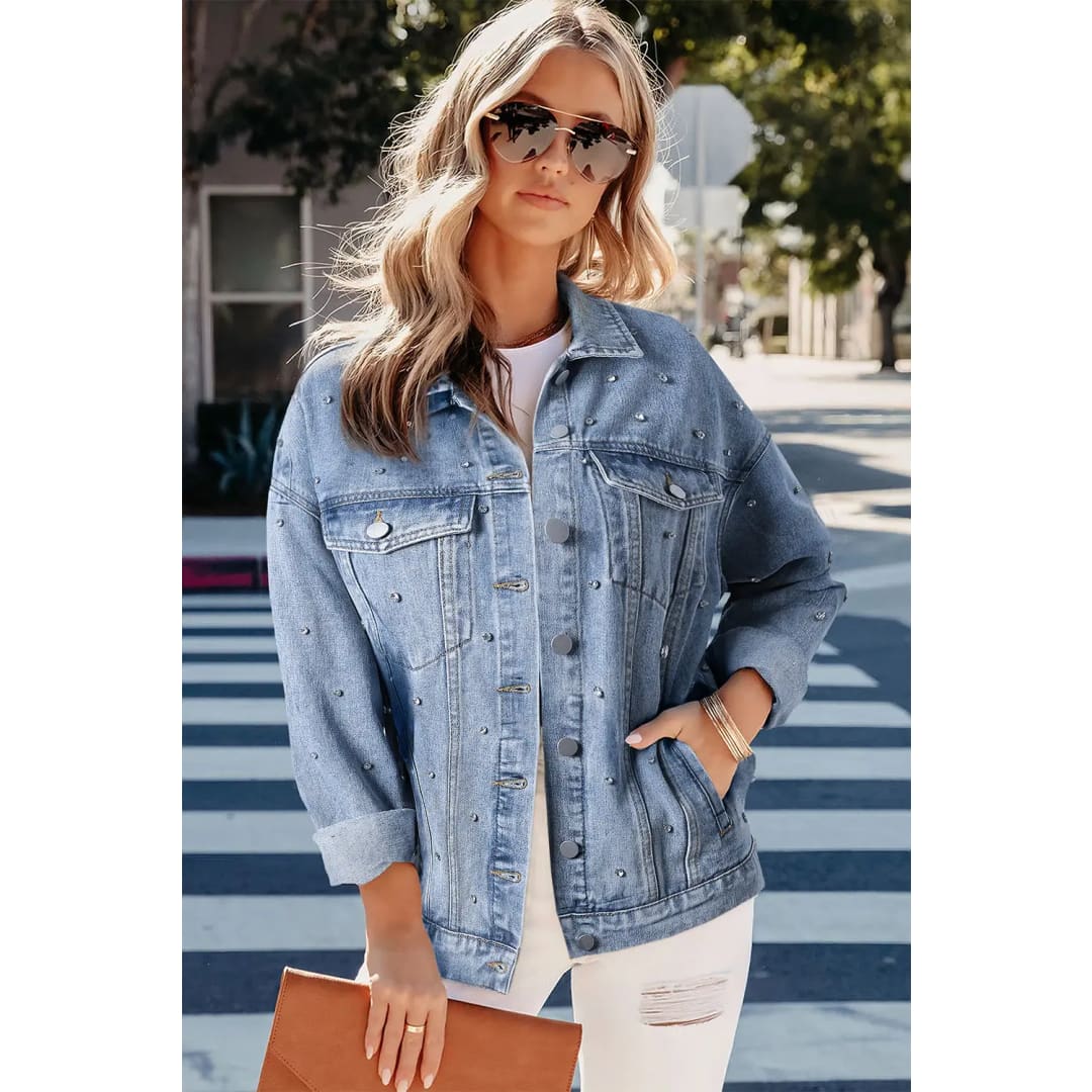 Mist Blue Rhinestones Studded Denim Jacket | Fashionfitz