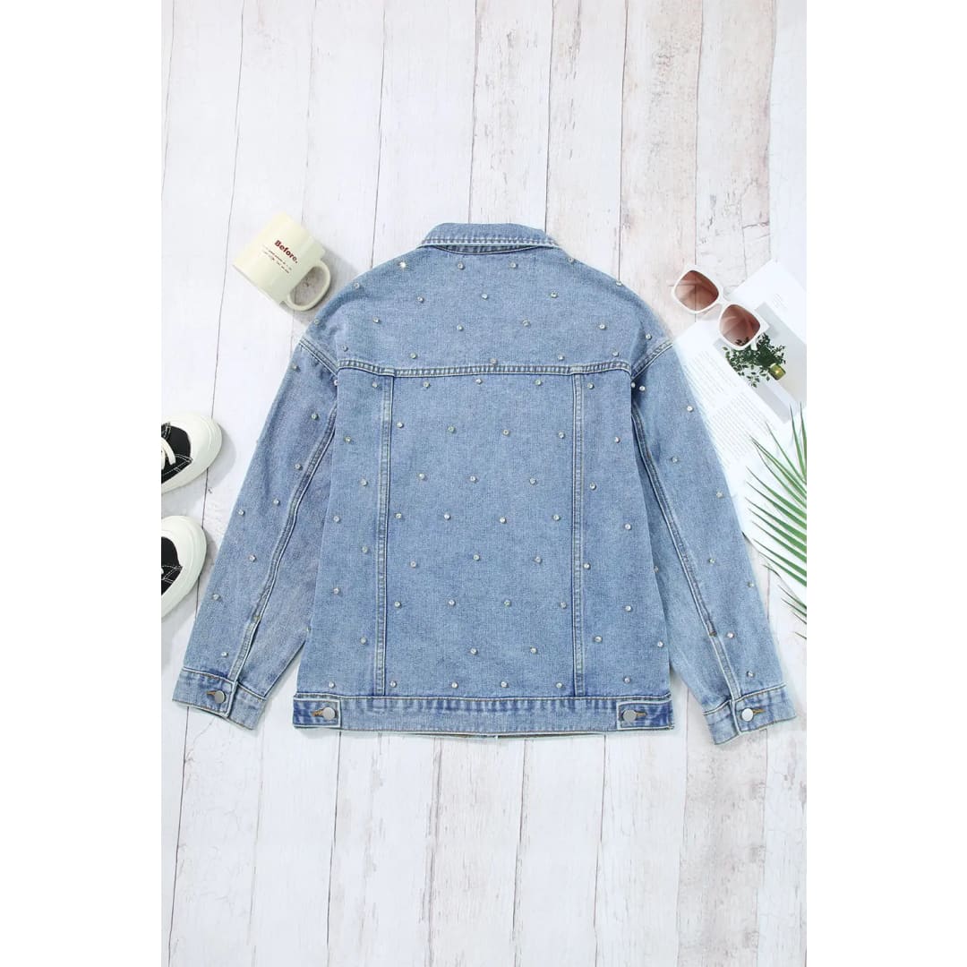 Mist Blue Rhinestones Studded Denim Jacket | Fashionfitz