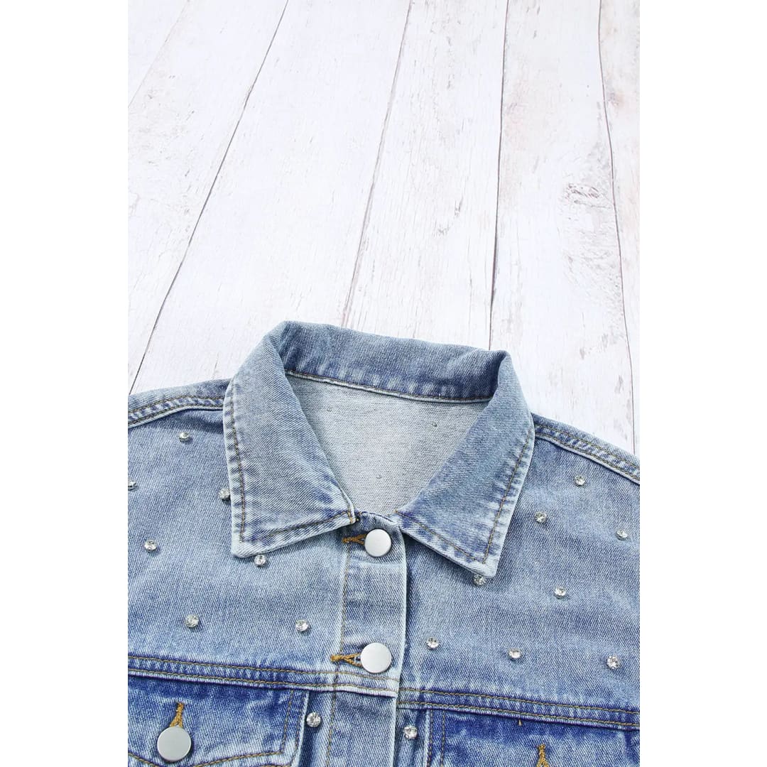 Mist Blue Rhinestones Studded Denim Jacket | Fashionfitz