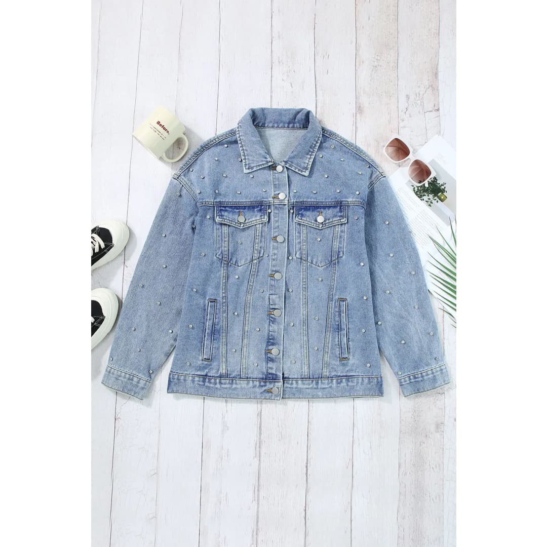 Mist Blue Rhinestones Studded Denim Jacket | Fashionfitz